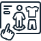 Icon of a user interface showing a person, a shirt, and pants. A hand cursor points to the screen, indicating selection or customization options.