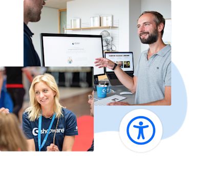 Accessibility Page: Image 1 Two images. The first shows a woman wearing a Shopware t-shirt and smiling at an event. The second shows a man sharing a work update on his desktop computer with a male colleague.