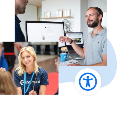 Two images. The first shows a woman wearing a Shopware t-shirt and smiling at an event. The second shows a man sharing a work update on his desktop computer with a male colleague.