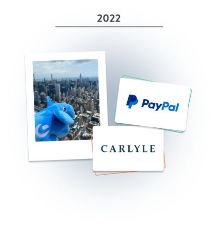 Una polaroid che ritrae l'elefante Cody a New York e due cartoline con il logo PayPal e Carlyle. In alto è riportato l'anno 2022.