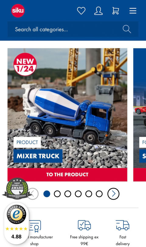 siku online store homepage showing one of their products, a blue toy cement truck