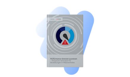 Gray case study cover with a speedometer illustration and red warning symbol. Title: ‘Pushing Performance Limits – Shopware stress test for millions of orders’. An abstract light blue shape is placed behind as a design element.