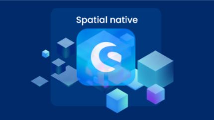 Grafik mit dem Text "Spatial native" und mehrere 3D-Würfel in verschiedenen Größen. In der Mitte befindet sich ein markanter Würfel mit dem Shopware-Logo.