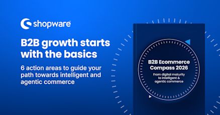 Blue Shopware banner with the headline ‘B2B growth starts with the basics.’ Below it reads ‘6 action areas to guide your path towards intelligent and agentic commerce.’ On the right is the cover of the report ‘B2B Ecommerce Compass 2026 – From digital maturity to intelligent & agentic commerce,’ featuring a compass-style graphic. Blue Shopware banner with the headline ‘B2B growth starts with the basics.’ Below it reads ‘6 action areas to guide your path towards intelligent and agentic commerce.’ On the right is the cover of the report ‘B2B Ecommerce Compass 2026 – From digital maturity to intelligent & agentic commerce,’ featuring a compass-style graphic.