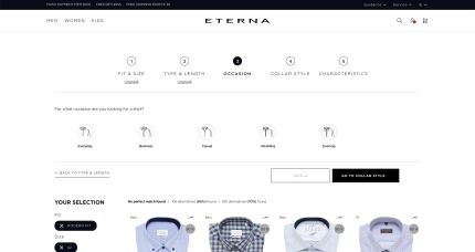 Eterna website shirt configurator showing options to select the occasion for a shirt, including Everyday, Business, Casual, Wedding, and Evening, with a preview of selected shirt styles at the bottom.