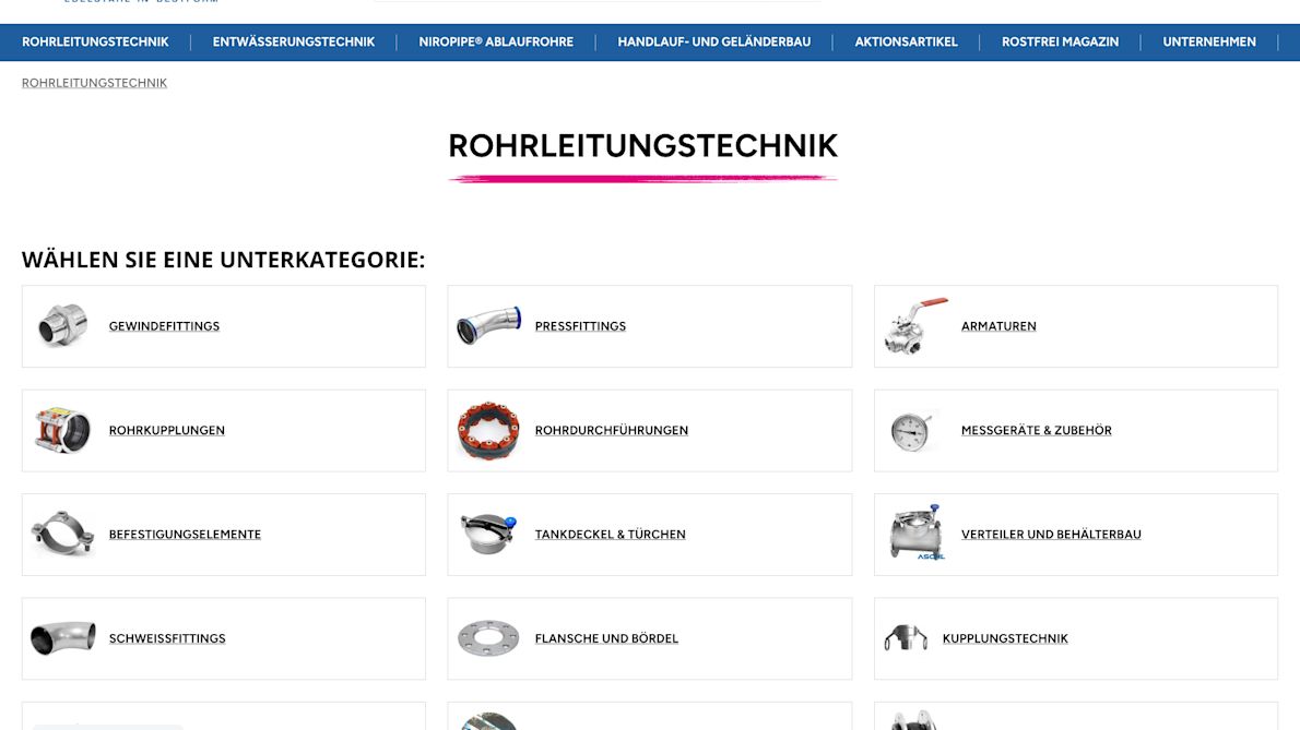 Category page “Piping Technology” in the ASCHL online shop with a selection of various subcategories such as threaded fittings, press fittings, valves, and pipe couplings.
