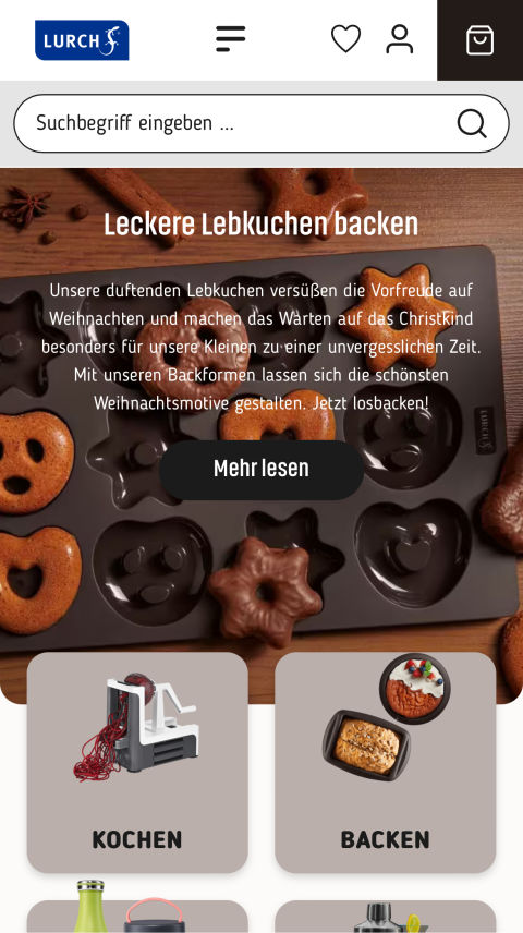 Mobile homepage on the LURCH online store. Text "Leckere Lebkuchen backen" "Unsere duftenden Lebkuchen versüßen die Vorfreude auf Weihnachten und machen das Warten auf das Christkind besonders für unsere Kleinen zu einer unvergesslichen Zeit. Mit unseren Backformen lassen sich die schönsten Weihnachtsmotive gestalten. Jetzt losbacken!" "Mehr lesen"