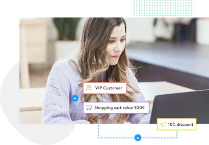 Shopware Cloud: SaaS A young woman working on a laptop, with text labels indicating "VIP Customer," "Shopping cart value 300€," and "10% discount.
