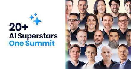 Grafik mit dem Text ‚20+ AI Superstars – One Summit‘ links, daneben ein Mosaik aus Porträts von mehr als zwanzig Expertinnen und Experten aus dem Bereich Künstliche Intelligenz.