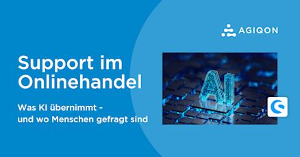 Titelgrafik zum Thema „Support im Onlinehandel“ mit dem Zusatz „Was KI übernimmt – und wo Menschen gefragt sind“. Rechts ist eine leuchtende AI-Illustration auf einer Tastatur zu sehen. Logos von AGIQON und Shopware sind enthalten.