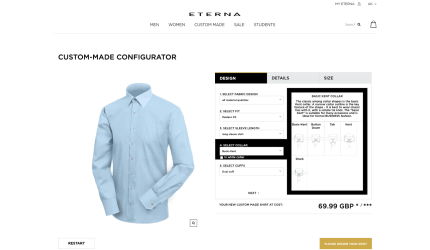 Custom-made shirt configurator on the Eterna website, displaying a light blue dress shirt and options to customize fabric, fit, sleeve length, collar style, and cuffs, with a price of 69.99 GBP.