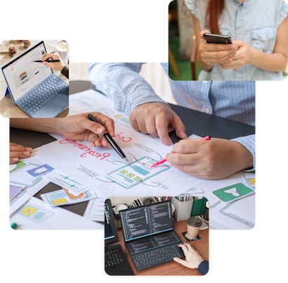 Collage on the design and development process of a website or app with paper prototype, smartphone, tablet and laptop.