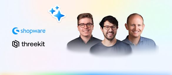 Promotional graphic featuring logos of Shopware and Threekit on the left, alongside headshots of four male speakers in business attire on the right, with a gradient background and decorative star icon.