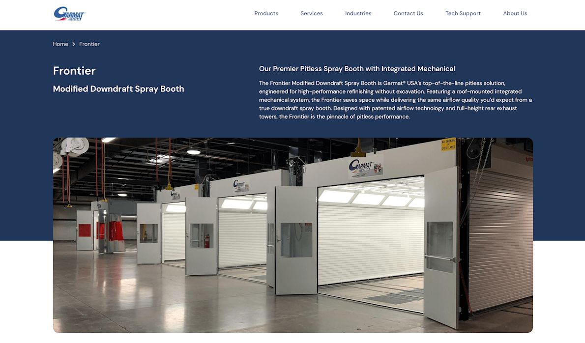 "Frontier" product on Garmat USA's online store, with an image of 3 Garmat booths with doors open in a row.