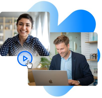 A woman smiles at the camera. A second image of a man in a suit working at his laptop. An icon of a play button. 