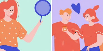 Two-panel flat illustration: On the left, a young red-haired woman looks worried into a hand mirror, with blemishes visible on her face. On the right, a man and a woman face each other smiling while holding dietary supplements, with a heart symbol above them.