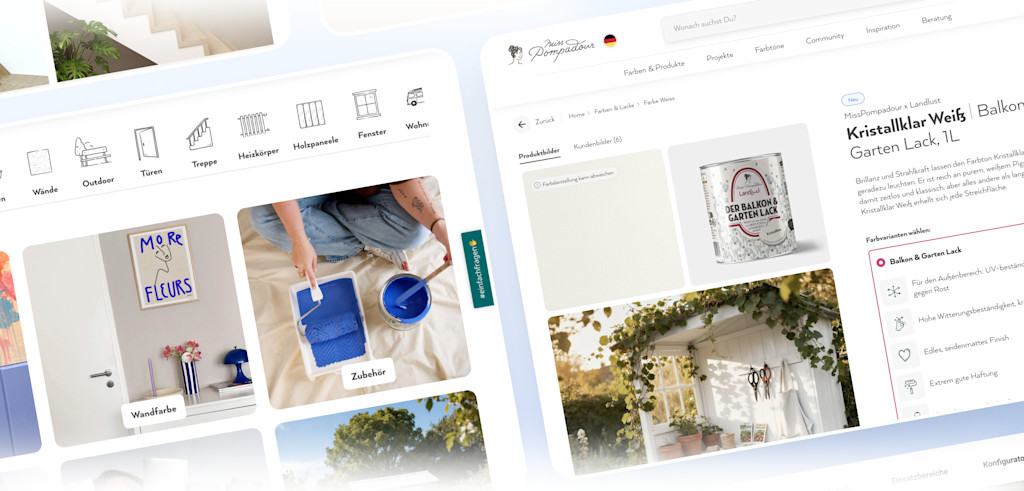 MissPompadour-Website mit Farbauswahl und Inspirationen für Wandgestaltung.