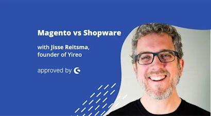 Jisse Reitsma Een grafische afbeelding met de titel 'Magento vs Shopware' en Jisse Reitsma, oprichter van Yireo, die glimlacht.