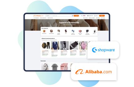 Screenshot einer Webseite von Alibaba.com mit verschiedenen Kategorien von Bekleidungsartikeln und Produktangeboten, sowie den Logos von Alibaba.com und Shopware im Vordergrund.