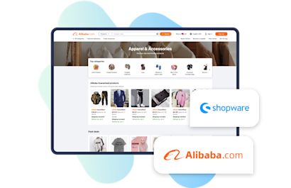 Alibaba.com und Shopware Webseite von Alibaba.com mit verschiedenen Kategorien von Bekleidungsartikeln und Produktangeboten, sowie den Logos von Alibaba.com und Shopware im Vordergrund.
