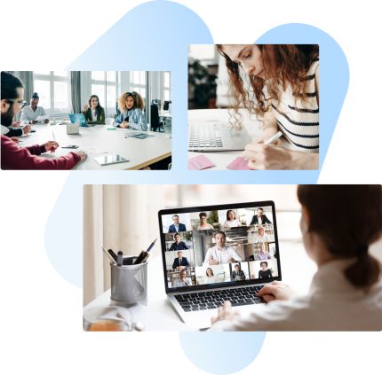 A diverse set of people sitting on a table, discussing business. Another person in another image is writing on a sticky note, and another person is taking part in an online meeting.