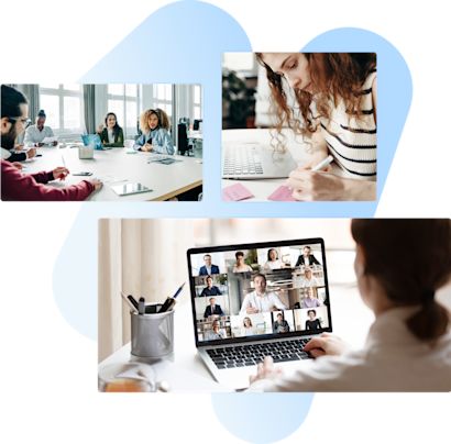 Migration Considerations Graphic 03 Verschiedene Personen sitzen an einem Tisch und besprechen geschäftliche Angelegenheiten. Eine andere Person in einem anderen Bild schreibt auf einen Zettel, und eine weitere Person nimmt an einem Online-Meeting teil.