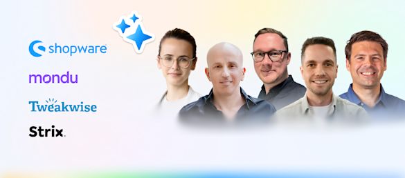 AI that converts: Real-world tactics to boost revenue across search, checkout & CX Promotional graphic featuring logos of Shopware, Mondu, Tweakwise and Strix on the left, alongside headshots of four speakers in business attire on the right, with a gradient background and decorative star icon.