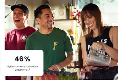 Help your conversion on the jumps Three happy people, one of whom is a woman pouring a drink into a bottle. One box reads: "84% higher checkout conversion with PayPal.¹"