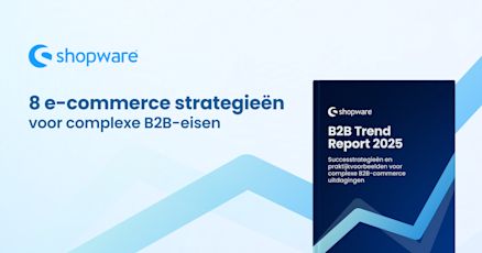 Shopware promotion for the B2B Trend Report 2025. The Shopware logo is in the top left, followed by the headline 'B2B commerce is complex! Your strategy doesn’t have to be.' On the right, a dark blue book cover displays the title 'Mastering B2B complexity' with the subtitle 'Exclusive insights from industry experts on solving challenging ecommerce scenarios.' The background features a subtle blue line pattern.