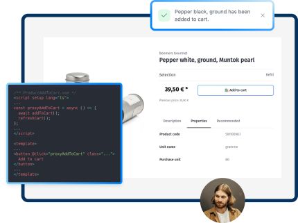 Image shows a product page for ground pepper with an 'Add to cart' button. A code example is overlaid showing the function to add the product to the shopping cart. A notification confirms that the item has been successfully added. A small image of a developer is also visible.