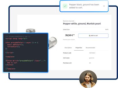The cookbook Bild zeigt eine Produktseite für gemahlenen Pfeffer mit einem 'In den Warenkorb'-Button. Ein Codebeispiel ist überlagert, das die Funktion zum Hinzufügen des Produkts in den Warenkorb zeigt. Eine Benachrichtigung bestätigt, dass der Artikel erfolgreich hinzugefügt wurde. Ein kleines Bild eines Entwicklers ist ebenfalls sichtbar.