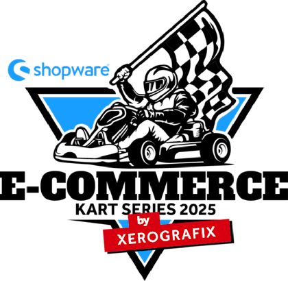 Logo des „Shopware Cup by Xerografix“: Ein stilisiertes Kart in Schwarz mit blauen Akzenten. Oben links das Shopware-Logo, unten das rote Label „by Xerografix“. 