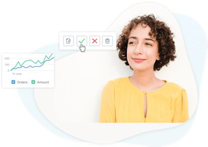 A woman is smiling and looking to the side. Next to her are icons for editing, approving, rejecting, and deleting, with a hand cursor pointing at the approval icon. Below this, a line chart shows the data for "Orders" and "Amount," indicating an upward trend.