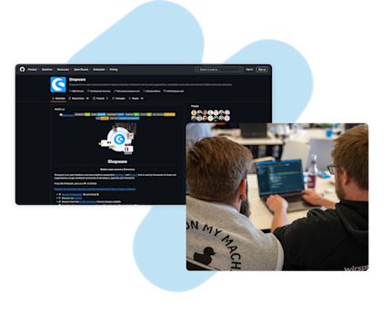 The top-left section displays the Shopware GitHub page, highlighting its repositories. The bottom-right section features two developers collaborating while working on code on a laptop.