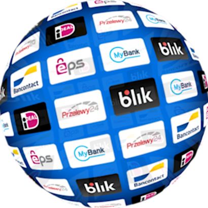 Blue globe covered in logos of European online payment services such as iDEAL, eps, Bancontact, MyBank, Przelewy24, and BLIK.