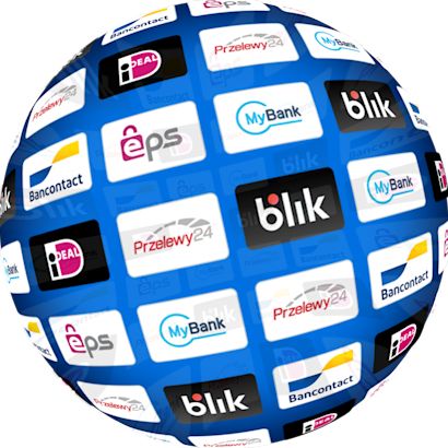 Blaue Weltkugel, bedeckt mit Logos europäischer Online-Zahlungsdienste wie iDEAL, eps, Bancontact, MyBank, Przelewy24 und BLIK.