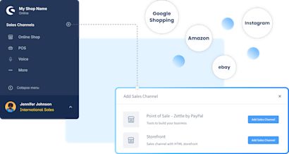 Een dashboardinterface voor het beheren van verkoopkanalen in een online winkel. In de linker zijbalk staan opties als "Online Shop", "POS" en "Voice" met een gebruikersprofiel met het label "Internationale verkoop". Aan de rechterkant staat een paneel voor het toevoegen van verkoopkanalen. Boven het paneel staan pictogrammen voor verschillende platforms zoals Google Shopping, Amazon, eBay en Instagram.
