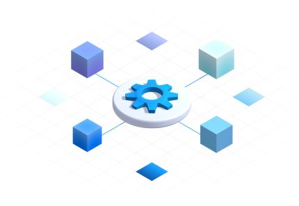 The graphic shows a cogwheel in the center, which is connected by lines to several cubes arranged around it. The illustration symbolizes networking and integration of technical components.