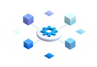 automation-campaign-keyvisual The graphic shows a cogwheel in the center, which is connected by lines to several cubes arranged around it. The illustration symbolizes networking and integration of technical components.