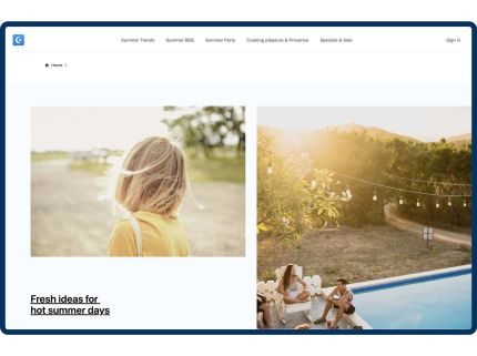 Website with summer trends, shows pictures of a girl outdoors and a group of people by the pool. Caption reads 'Fresh ideas for hot summer days'.