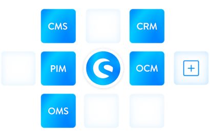 ERP integration A central "Shopware" logo is surrounded by labeled blue squares representing different modules: CMS, CRM, PIM, OCM, and OMS and an additional square with a "+" symbol.