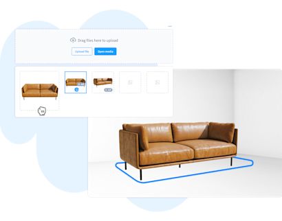 3D-product-visualizations A user interface for uploading and previewing media, specifically showing the process of uploading images of a sofa. The top portion features an upload section with a button to "Upload files" or "Open media." Below, there are thumbnail previews of different angles of a leather sofa, with one selected. The bottom part of the image shows a larger preview of the selected sofa placed in a virtual or staged room environment, outlined with a blue line to indicate its placement.