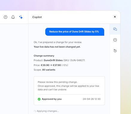 AI assistant shows a prepared change with a summary, approval status, and a note that live data will only be updated after confirmation.