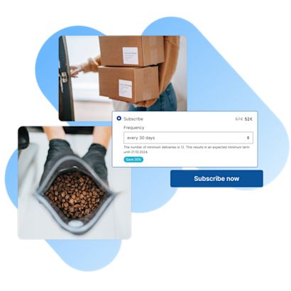 Subscription-Keyvisual A subscription service with a 'Subscribe now' button. It includes visuals of delivered packages, a bag of coffee beans, and a frequency selection interface for deliveries.