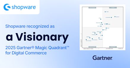 Shopware recognized as a Visionary in the 2025 Gartner Magic Quadrant for Digital Commerce. The image shows the Shopware logo and the Magic Quadrant chart with Shopware positioned in the ‘Visionaries’ quadrant alongside other vendors such as Spryker, Adobe, Salesforce, and Shopify.