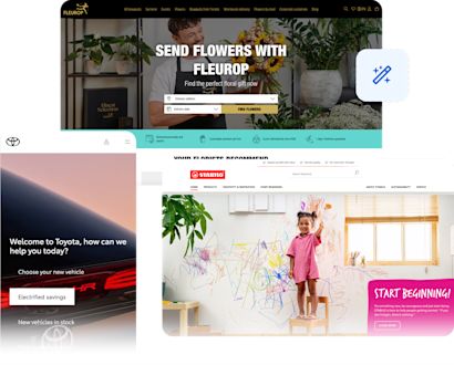 A collage of online shops from the brands Stabilo, Toyota, and Fleurop