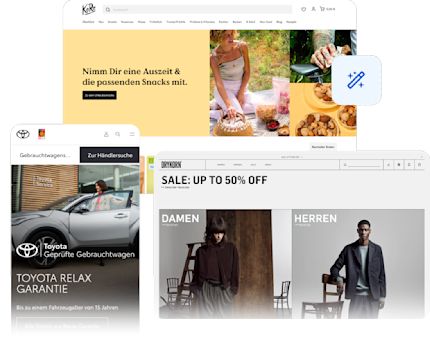 Eine Collage aus Online-Shops der Marken Drykorn, Toyota und Koro