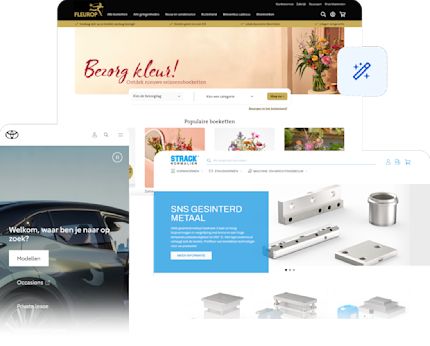 Een collage van online winkels van de merken Strack Norma, Toyota en Fleurop