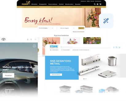 Showcases Hero Een collage van online winkels van de merken Strack Norma, Toyota en Fleurop