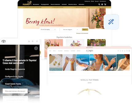 Un collage di negozi online dei marchi Amen, Toyota e Fleurop